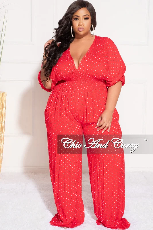 Final Sale Plus Size Deep V Jumpsuit in Red and White Polka DotPlus size women's silk tops