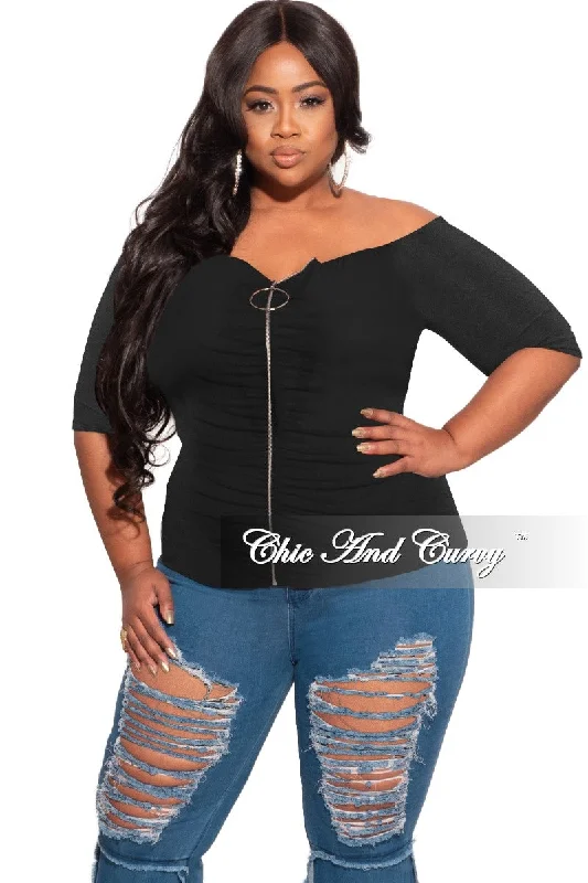 Final Sale Plus Size Off the Shoulder Zip Top in BlackWomen's designer tops