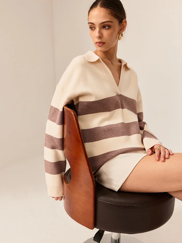 Two Tone Striped Polo SweaterPocketed Knit Tops