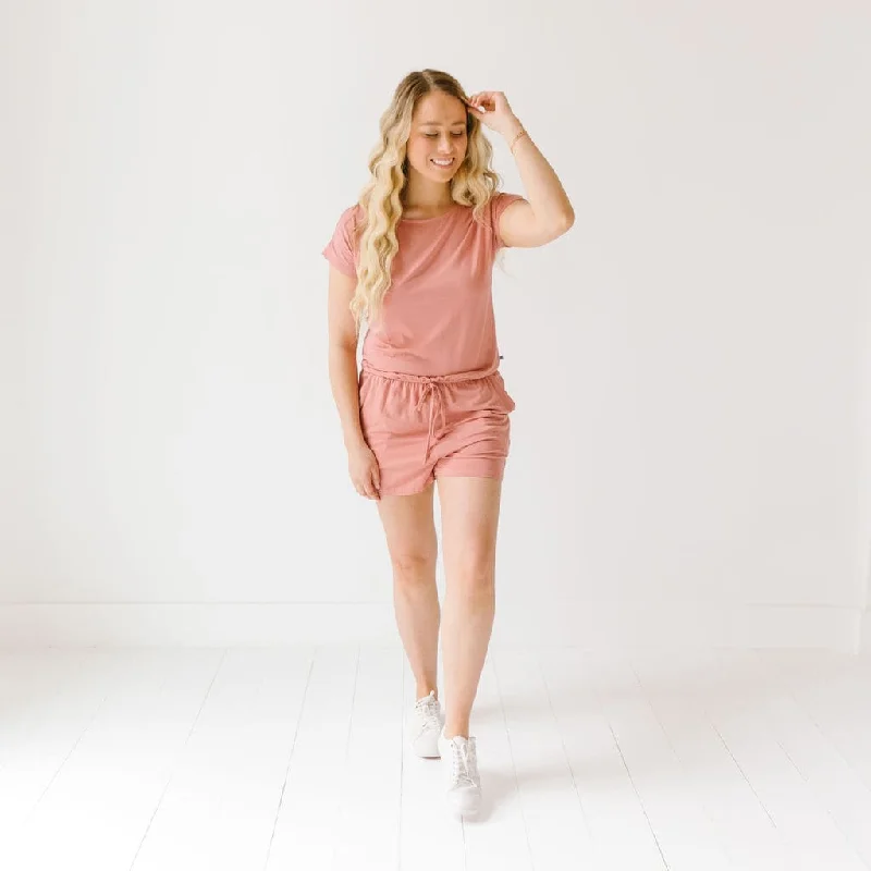 Blended Fabric Short Sleeve TopsDusty Rose Women's Short Sleeve Shortie Romper