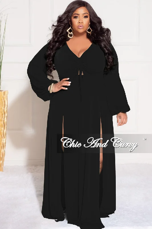 Final Sale Plus Size Ruched Maxi Dress with Double Slits in BlackLarge women's long tops