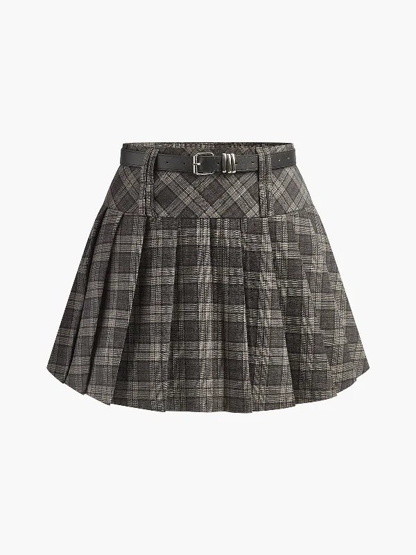 Mid-Waist Checked Pleated Skirt With BeltReflective Skirt