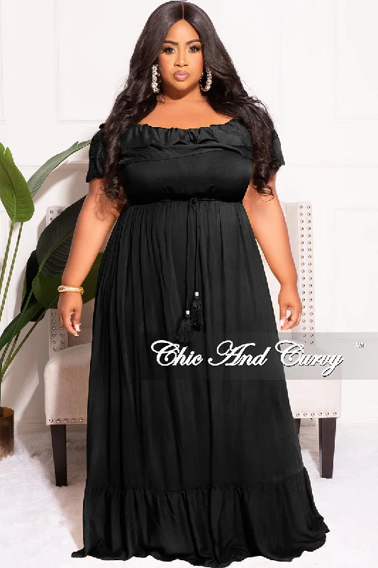 Final Sale Plus Size Off the Shoulder Ruffle Maxi Dress in BlackPlus size women's elegant tops