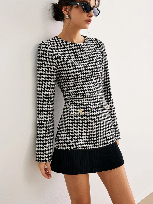 Houndstooth Panel Short DressSheer Dress