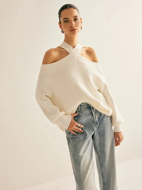 Cross-Over Collar Cold-Shoulder SweaterRuffled Knit Tops