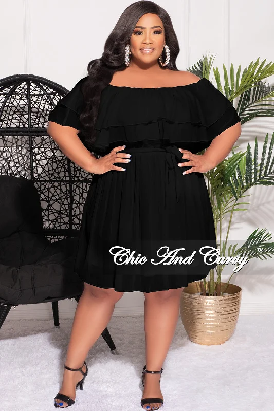 Final Sale Plus Size Off the Shoulder Dress with Waist Tie in BlackWomen's party tops