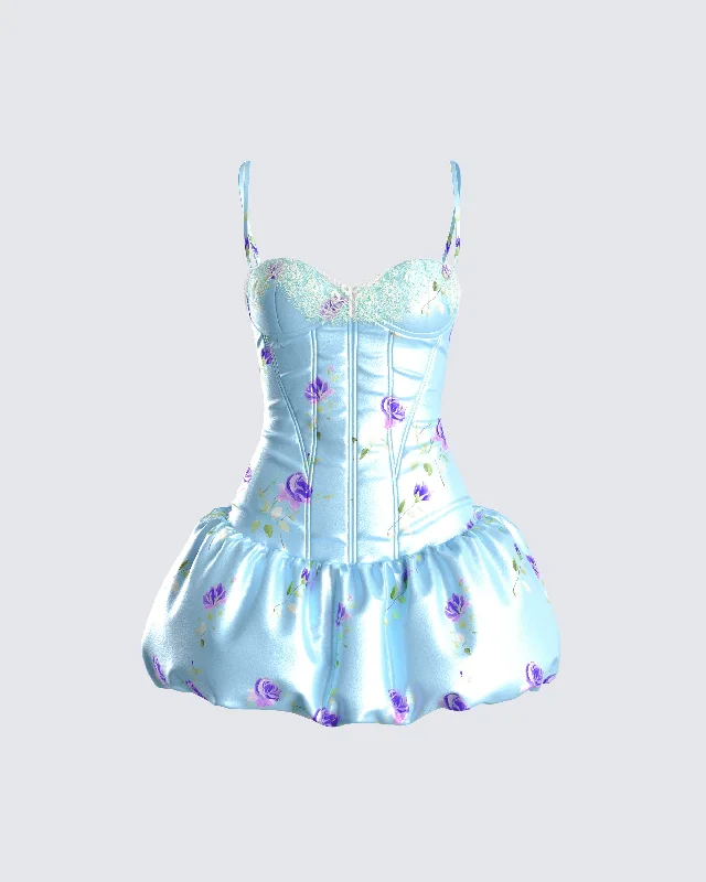 Tif Blue Satin Floral Bubble DressCocktail Dress