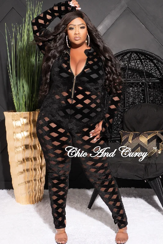 Final Sale Plus Size Sheer Zip-Up Bodycon Jumpsuit in Trellis Design in BlackLarge women's quick-drying tops