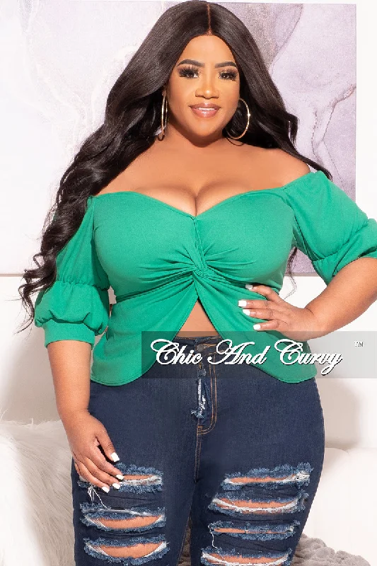 Final Sale Plus Size Off the Shoulder Twist Front Top in GreenWomen's spring tops