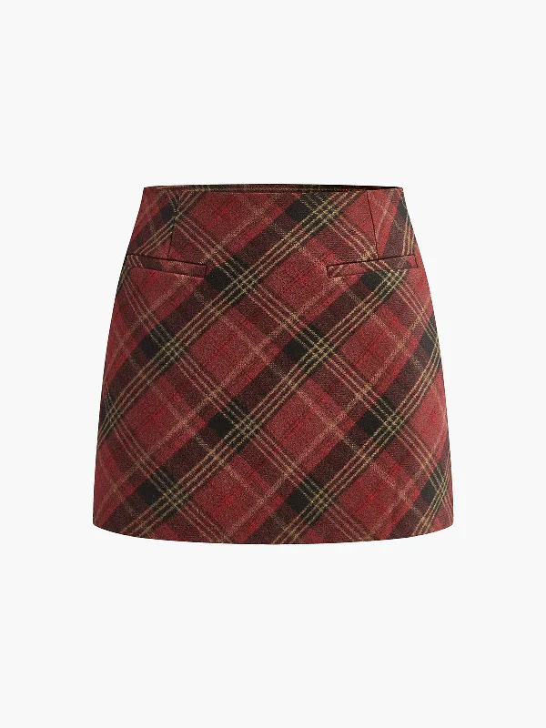 Mid-Waist Side-Zipper Checked SkirtInsulated Skirt