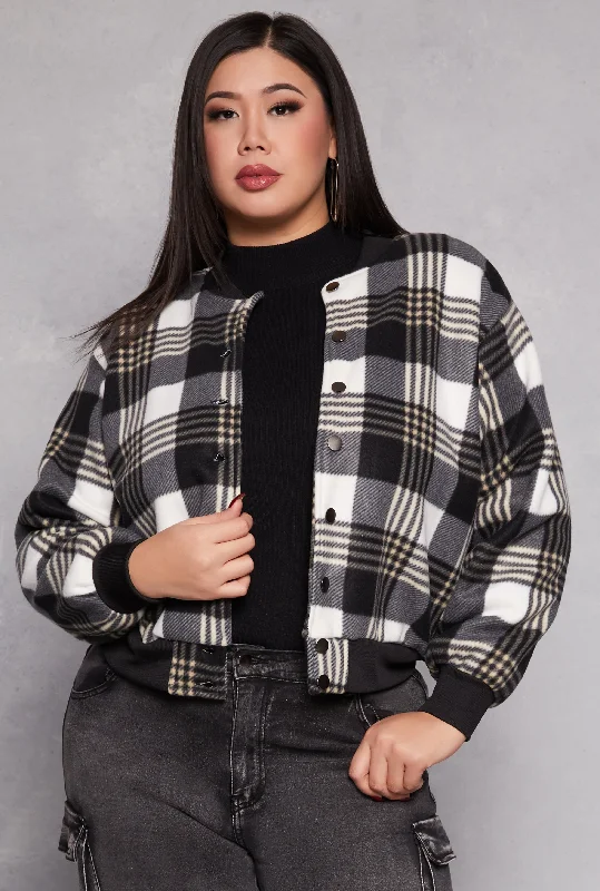 Plus Size Plaid Bomber JacketLarge women's stretch tops