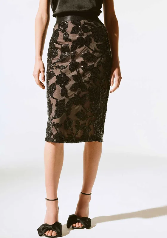 Joseph Ribkoff Sequin Floral Midi Skirt, BlackPleated Skirt