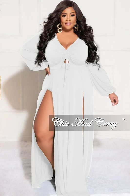 Final Sale Plus Size Ruched Maxi Dress with Double Slits in Ivory WhiteLarge women's cropped tops