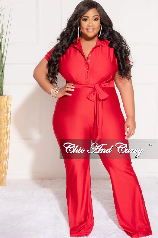 Final Sale Plus Size Shiny Collar Button Up Stretchy Jumpsuit in RedPlus size women's cotton tops