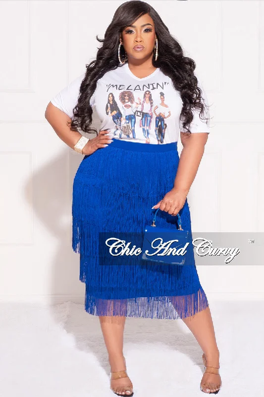 Final Sale Plus Size High Waist Fringe Tiered Midi Pencil Skirt in Royal BlueLarge women's wrinkle-free tops