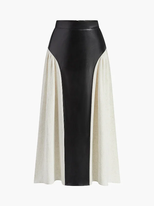 Color Block Pleated Faux Leather Panel SkirtCocktail Skirt