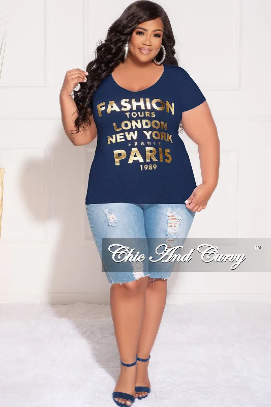 *Final Sale Plus Size "Fashion Tour" T-Shirt in Navy and GoldLarge women's loose tops