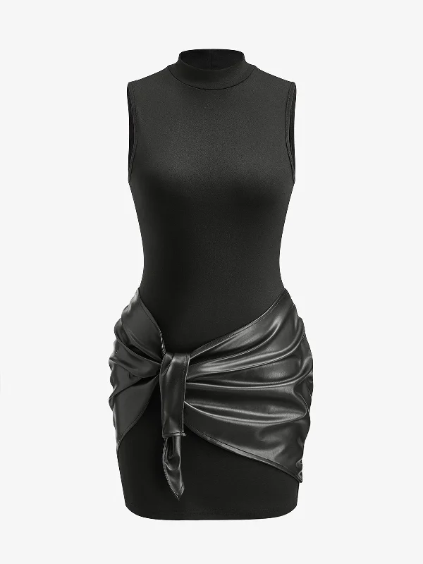 Stand Collar Faux Leather Ruched Panel DressBallet Dress