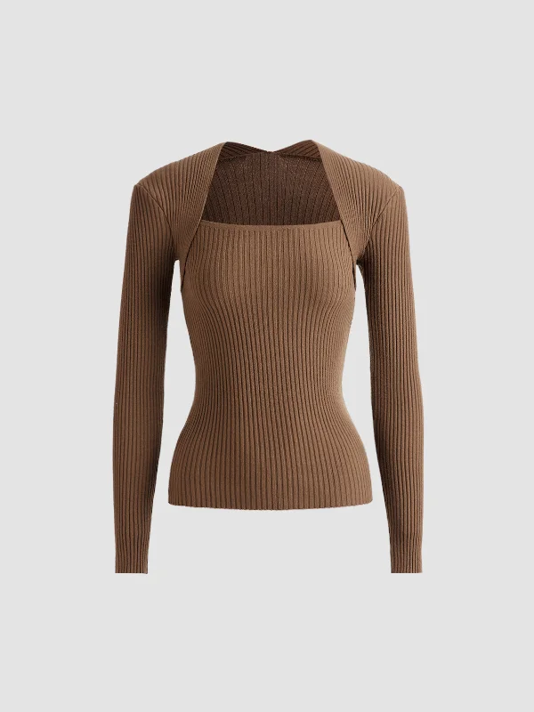 Bronzework Knitted Ribbed Pullover SweaterAngora Knit Tops