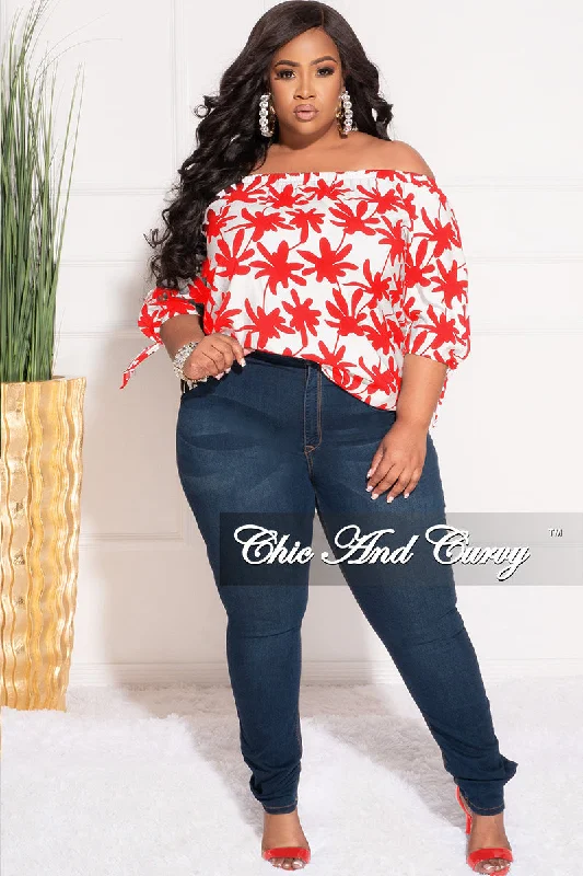 Final Sale Plus Size Off the Shoulder Top in White and Red Chestnut Leaf PrintLarge women's wool tops