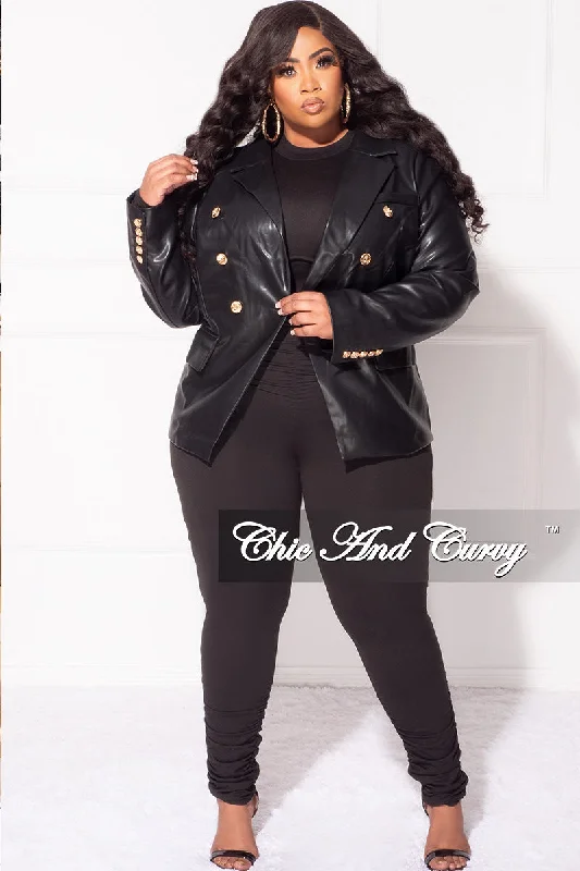 Final Sale Plus Size Faux Leather Blazer Jacket in Black with Gold AccentsWomen's spring tops