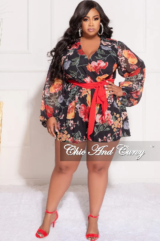 Final Sale Plus Size Faux Wrap Chiffon Romper in Black Multi Floral PrintPlus size women's lace tops