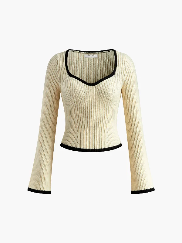 Contrast Trim Ribbed SweaterHemp Knit Tops