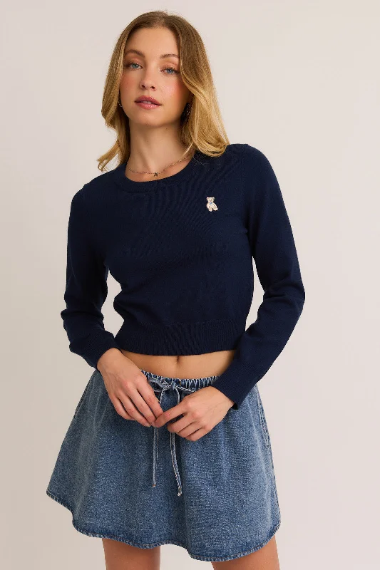 Teddy Cropped Sweater - NavyWinter Knit Tops