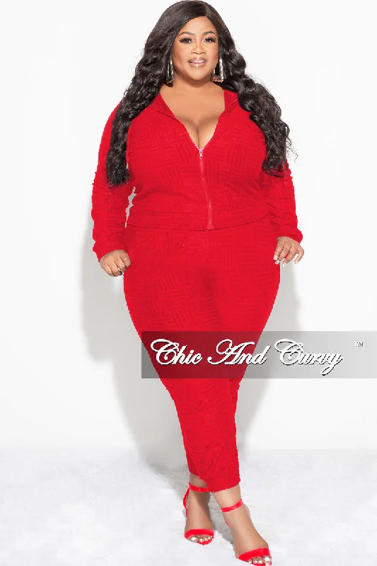 Final Sale Plus Size 2pc Hooded Zip-Up Jacket and Pants Set in RedLarge women's quick-drying tops