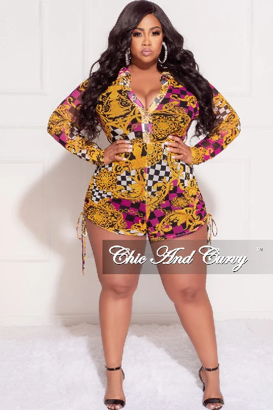 Final Sale Plus Size Long Sleeve Mesh Collar Button Up Romper in  Mix Multi Color Design PrintLarge women's slim tops