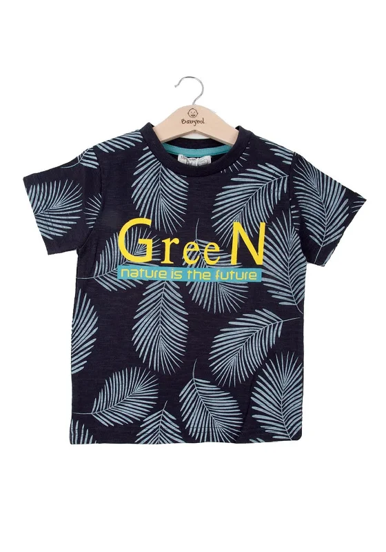 College Short Sleeve TopsMinibol Boy Leaf Print Short Sleeve Tee, Navy