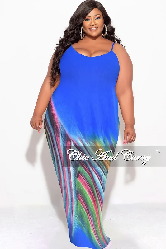 Final Sale Plus Size Tank Maxi Dress in Blue Multi Color PrintPlus size women's retro tops