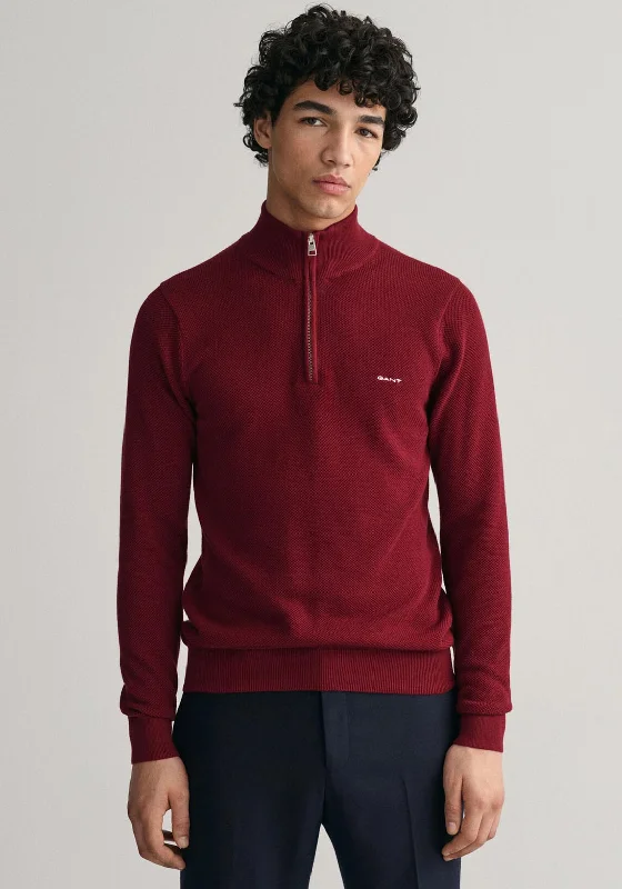 Gant Cotton Pique Half Zip Sweater, Plumped RedCollege Knit Tops