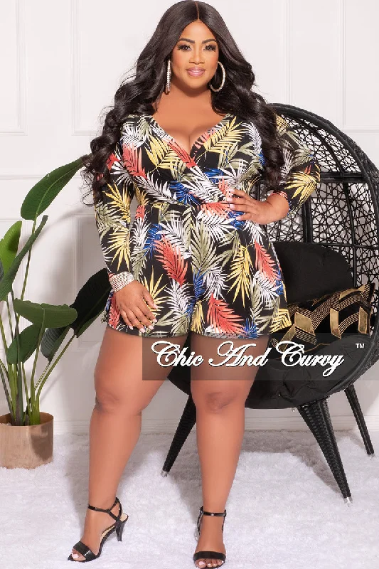 Final Sale Plus Size Faux Wrap Romper in Black Tropical PrintPlus size women's denim tops