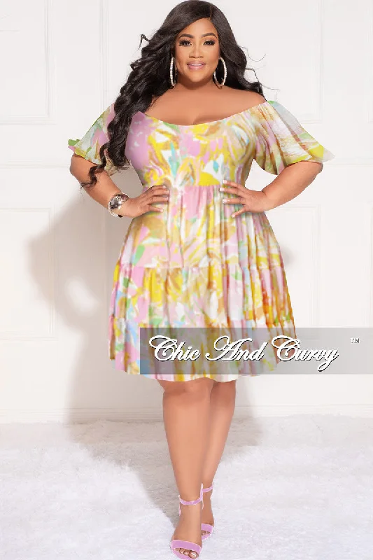 Final Sale Plus Size Smocked Chiffon Dress in Pink & Yellow PrintWomen's party tops