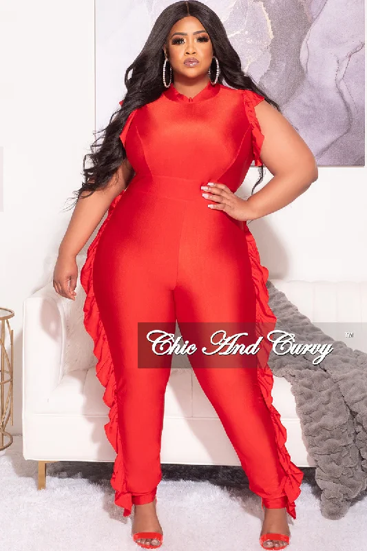 Final Sale Plus Size Jumpsuit with Ruffle Trim and Back Zipper in RedPlus size women's cotton tops