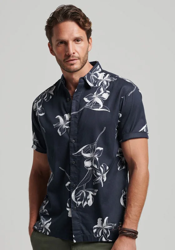 Organic Cotton Short Sleeve TopsSuperdry Vintage Hawaiian Short Sleeve Shirt, Mono Hibiscus Navy