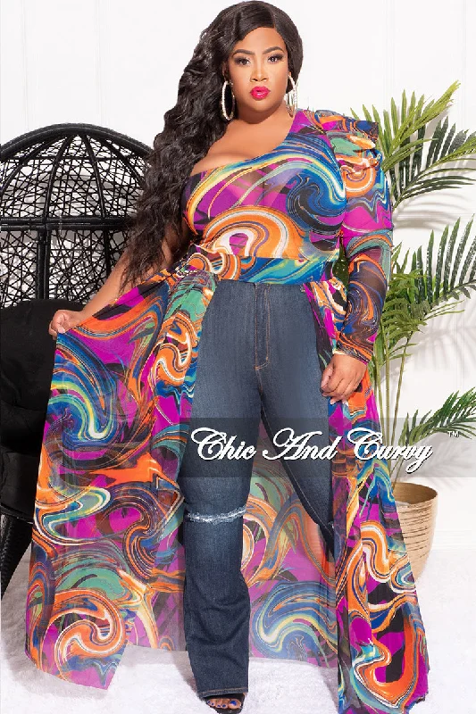 Final Sale Plus Size Mesh One Shoulder Top with Train in Purple, Orange & Blue Design PrintPlus size women's work tops