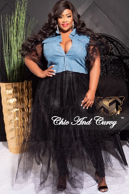 Final Sale Plus Size Collar Button Up Tulle Top in Denim and BlackPlus size women's evening tops