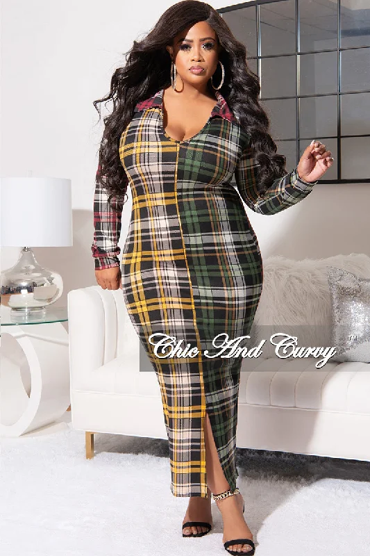 Final Sale Plus Size Collar Midi Dress with Back Slit in Multi Color Plaid PrintWomen's dating tops