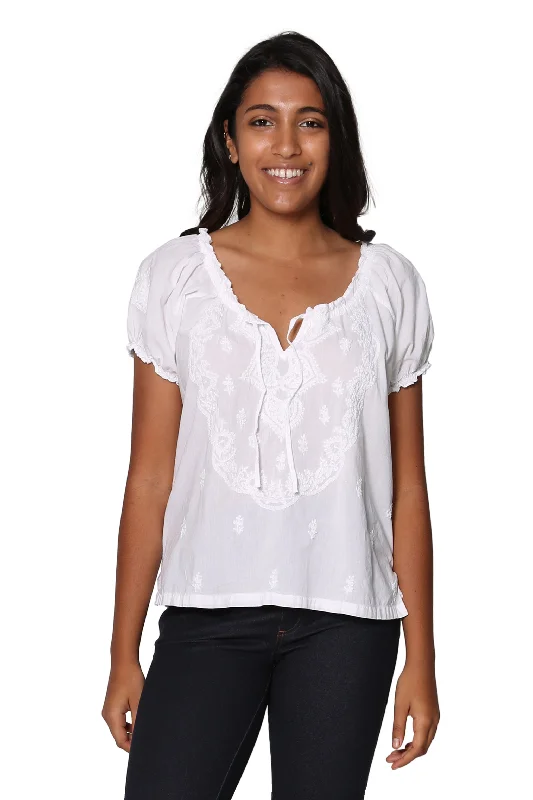 Organic Cotton Short Sleeve TopsLa Cera White Embroidered Short Sleeve Peasant Top