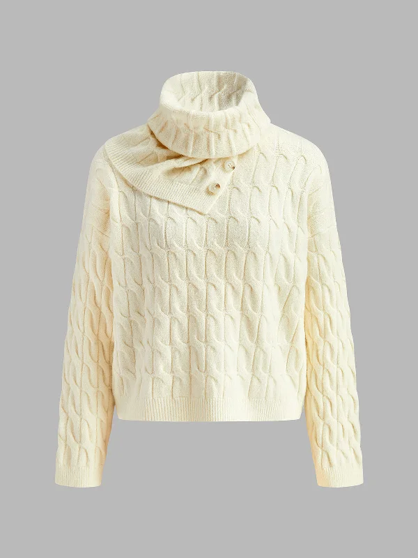 Cable Sweater With Button ScarfPlush Knit Tops