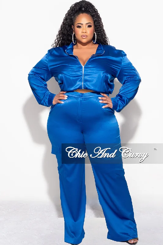 Final Sale Plus Size 2pc Sleek Bomber Jacket and Pants Set in Royal BluePlus size women's denim tops