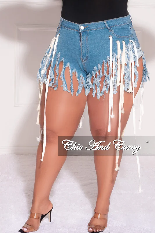 Final Sale Plus Size Eyelet Rope Shoe Lace Up Fringe Shorts in Blue DenimWomen's long sleeve tops