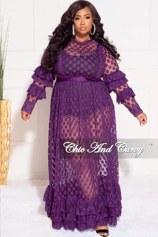 Final Sale Plus Size Polka Dot Sheer Maxi Dress with Ruffle Sleeves and Bottom in PurpleLarge women's warm tops