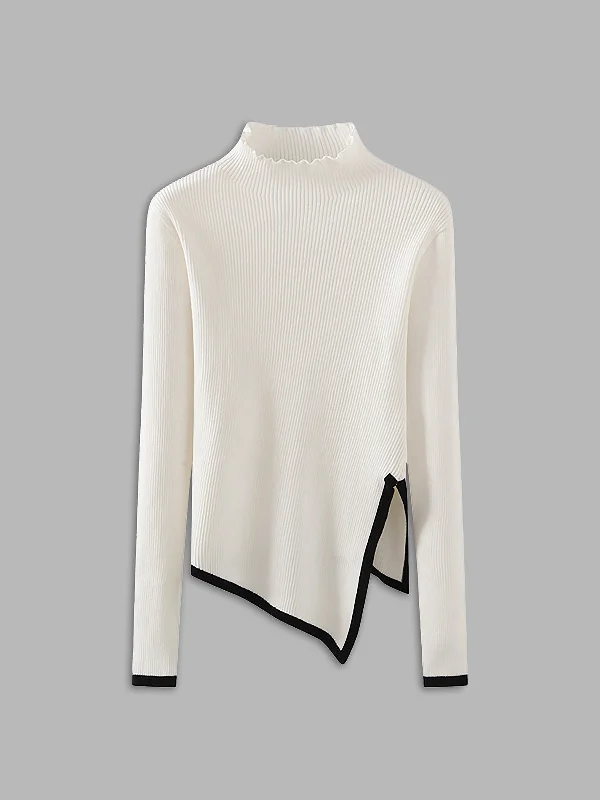 Asymmetrical Trim Mock Neck SweaterMohair Knit Tops