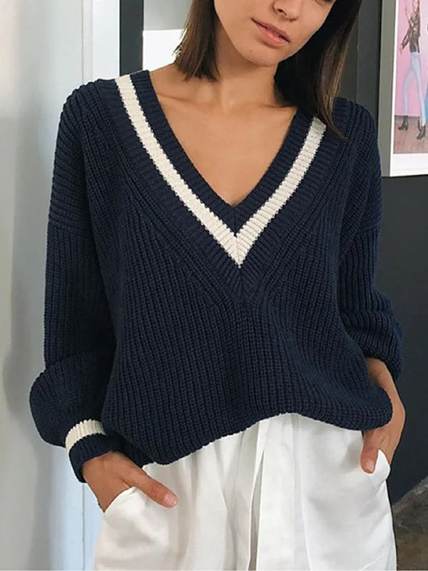 V-Neck Contrast Trim SweaterFestival Knit Tops