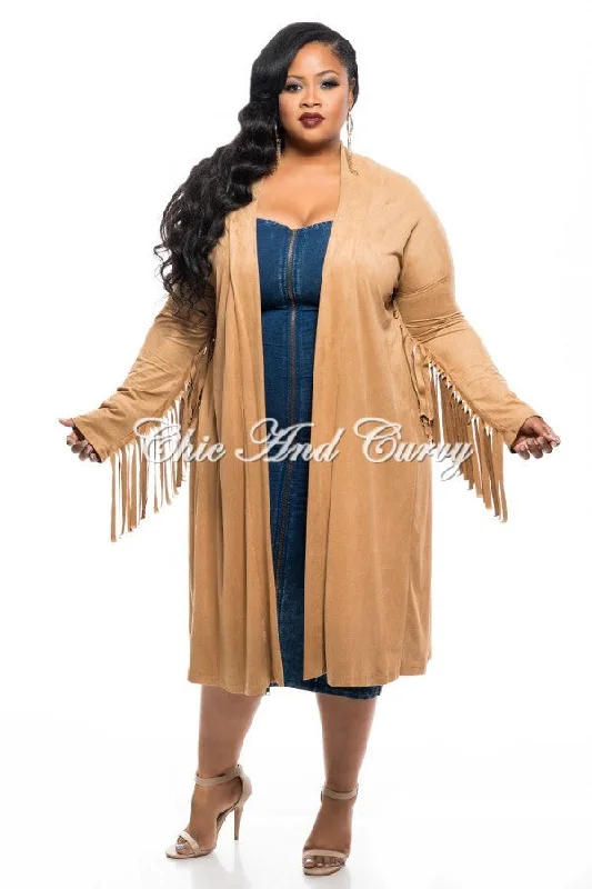 Final Sale Plus Size Jacket in Faux Suede with Fringe Sleeves and Slit Back in CamelLarge women's polyester tops