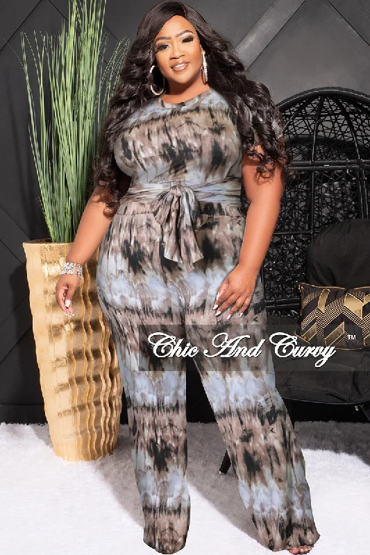 Final Sale Plus Size 2pc Color-Block Short Sleeve Tie Top and Pants in Brown & Light Blue Tie PrintWomen's commuter tops