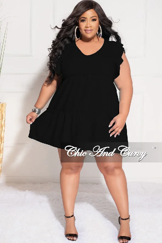 Final Sale Plus Size Ruffle Sleeve 3-Tiered Baby Doll Dress in Black (Rayon Not Stretchy)Women's thin tops